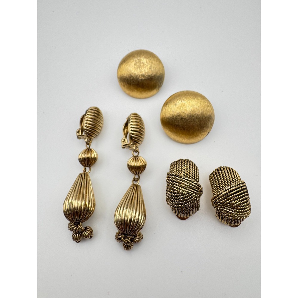Vintage Statement Earrings Lot 3 Pairs Signed Monet Gold Tone Dangle Clip READ
